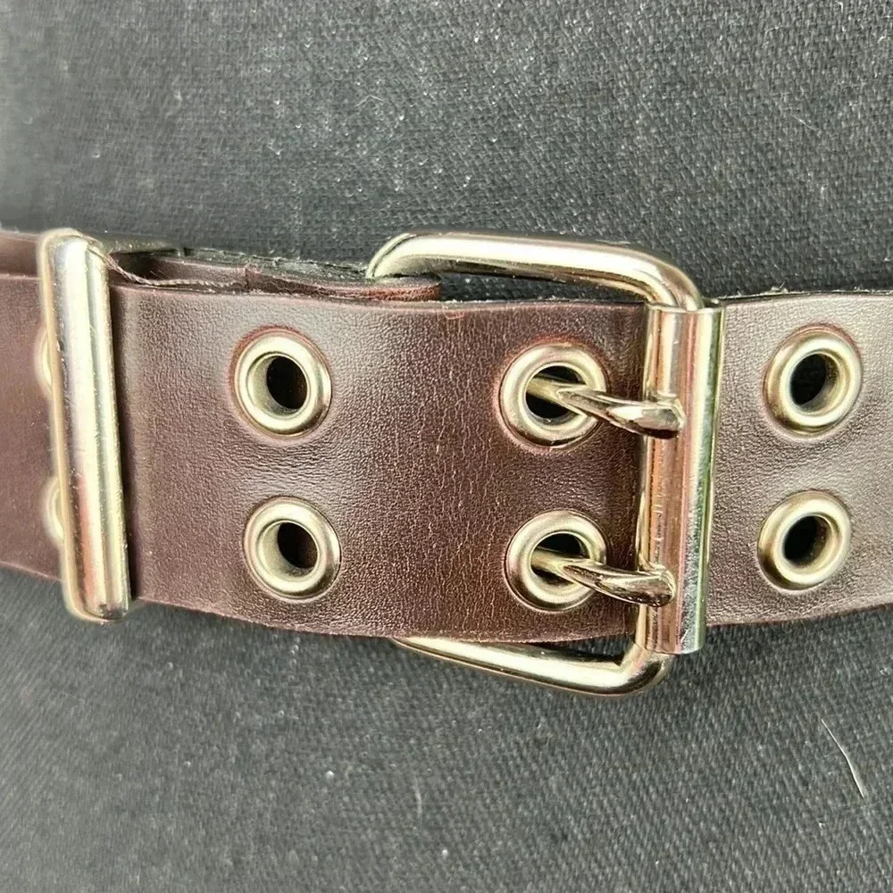 Brown Vegan Leather Double Silver Tone Grommet and Buckle Belt Large